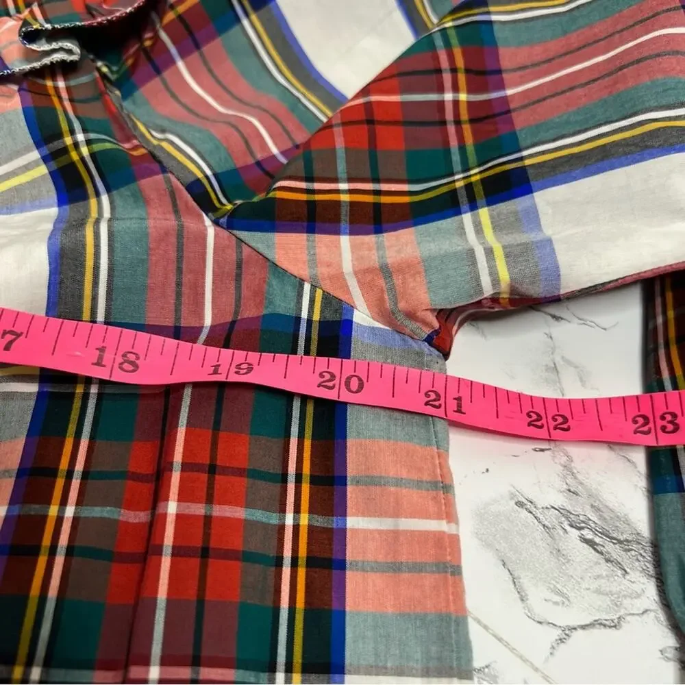 J. Crew Scallop Tie Neck Puff Sleeve Top In Stewart‎ Tartan Plaid Sz M
